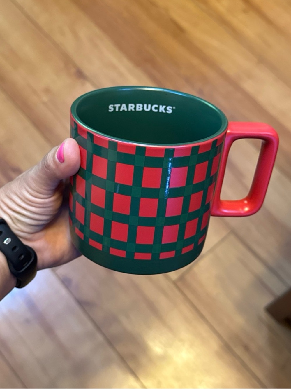 Starbucks Green Interior with Red Handle Ceramic Mug SET OF TWO